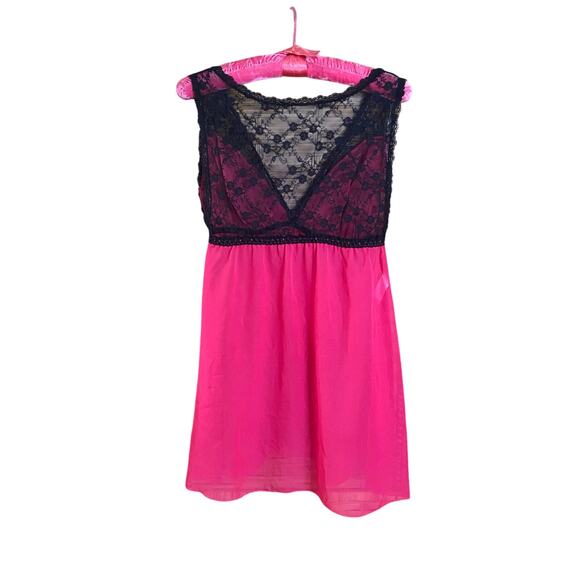 Delta Burke Intimates Hot Pink & Black Lace Babydoll Nightgown Chemise 1X sheer - Picture 2 of 6